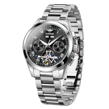 Imagem de OUPINKE Relógio masculino esqueleto, mecânico, automático, luxuoso, à prova d'água, cristal de safira, relógio de pulso masculino (mostrador dourado/azul/preto/verde), 3281: pulseira prata e mostrador