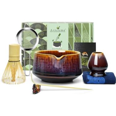 Imagem de Artcome Conjunto de ferramentas Matcha – Kit completo com tigela Matcha com bico, batedor de bambu, colher de chá, suporte de batedor, suporte de colher, pano de chá e coador de pó, esmalte