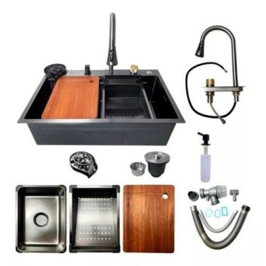 Imagem de Pia de Cozinha Gourmet Multifuncional, Preta, com Tábua de Corte em Ma
