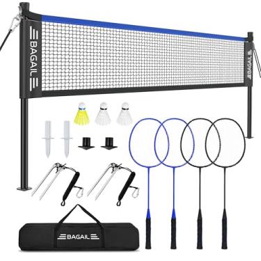 Imagem de BAGAIL Conjunto de rede de badminton ao ar livre com sistema de guincho anti-queda - Tamanho oficial 6 m x 1,5 m, 4 raquetes, 3 petecas, rede PE durável e bolsa de transporte para quintal, praia