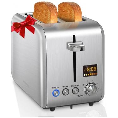 Imagem de Torradeira Elétrica 2 Fatias com 7 Níveis de Tostagem, Visor de LED, Função Descongelar e Bandeja de Migalhas Removível, 110V 900W,