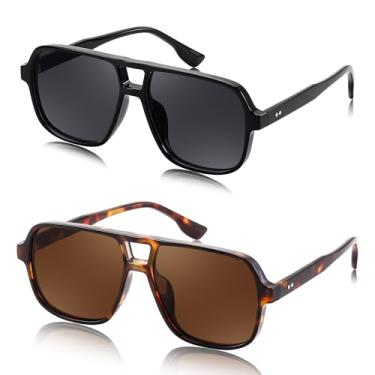 Imagem de FEISEDY Óculos de sol retrô quadrado aviador feminino masculino anos 70 vintage moderno armação de plástico B4158, Preto e tartaruga, 55MM