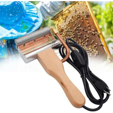 Imagem de LGEOELIAS Extrator de mel elétrico portátil, faca de destampar, faca quente de mel, cabo de madeira, cortador de aquecimento de cera de abelha, raspador de destampa, cortador de mel, ferramenta de