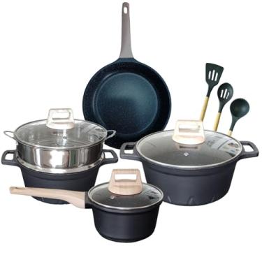 Imagem de Conjunto de Panelas Antiaderente com Revestimento Cerâmico, 2 Caçarolas 1 Panela 1 Frigideira todas com Tampa de Vidro, Vaporizador de Inox e Utensílios de Cozinha em Silicone.