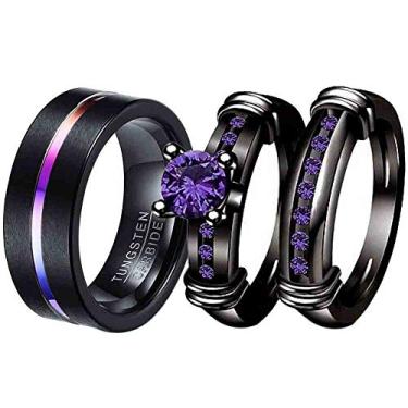 Imagem de mensring Anéis de casal banhados a preto redondo roxo 2 peças conjuntos de alianças de casamento femininas 8 mm tungstênio masculino aliança de casamento (compre 2 anéis para 1 par), Cristal Metal