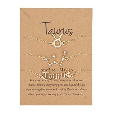 Imagem de COLORFUL BLING Conjunto de 3 pulseiras com 12 constelações de horóscopo banhado a ouro 18 quilates, signo do zodíaco, pulseiras em camadas com letras requintadas, cartão de horóscopo para mulheres,