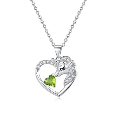 Imagem de RAODA Colares de unicórnios para meninas, colar de unicórnio banhado a ouro branco 18K para meninas adolescentes, presentes de unicórnio, colar com pedra do mês de nascimento de 1 quilate colar de coração com inicial para meninas de 4 a 6 anos, joias com pedra do mês de nascimento para meninas de 6 