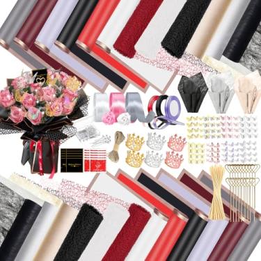Imagem de 512 peças de kit de papel de embrulho de flores com 120 folhas de papel de embrulho floral à prova d'água 3D coroas, alfinetes de buquê, fitas, artesanato DIY para presente de aniversário de formatura