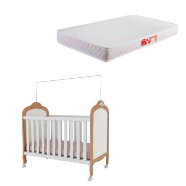 Imagem de Berço Mini Cama Elô Branco e Carvalho com Colchão Infantil Baby Liso D18 (10x70x130) Branco