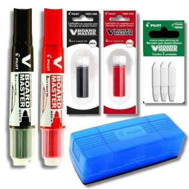 Imagem de Kit 2 Marcadores Quadro Branco + 2 Refil Marcador + Apagador + Refil De Ponta Pilot Preto E Vermelho