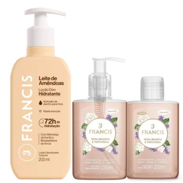 Imagem de Kit Hidratante Francis Leite de Amêndoas Bege + Sabonete Rosa Branca e Patchouli + Refil