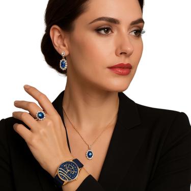 Imagem de Relógio Feminino Azul Marinho + Kit Acessórios Luxuoso Colar Brincos Anel