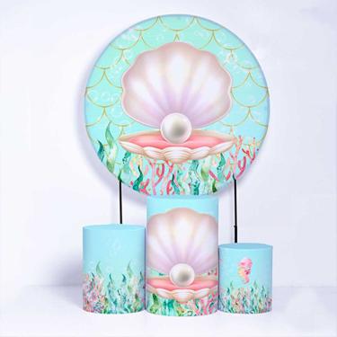Imagem de Kit Painel de Festa Redondo de 1,80m e Trio de Cilindros Fundo do Mar - Fera Print