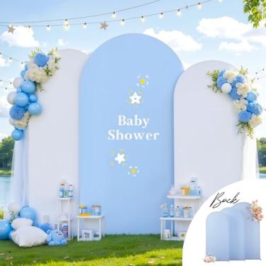 Imagem de Conjunto de 3 capas de fundo de arco azul branco com 3 capas de arco de festa de casamento, pano de fundo elástico, 1,8 m, 1,8 m, decorações para chá de bebê, chá de panela, foto de aniversário, arco
