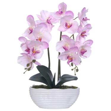Imagem de YSZL Grande planta de orquídea artificial em vaso, arranjo de flores de seda com vaso de cerâmica, tons de rosa