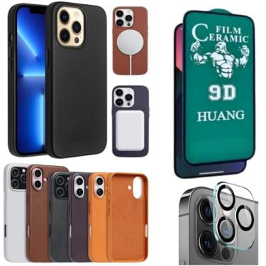 Imagem de [GL CASES] Capa iPhone 15 Pro Couro Compatível Com Carregamento Por Indução Magsafe Capinha iPhone 15 Pro 6.1 Polegadas + Pelicula iPhone 15 Pro Cerâmica + Pelicula De Câmera (Preto)