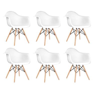 Imagem de Kit 6 Poltronas Eames De Madeira Com Braço Daw Com Assento Branco