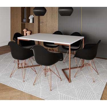 Imagem de Mesa Jantar Industrial Retangular Branca 137X90Cm Base V Cobre Com 6 Poltronas Pretas B Cor: Branco