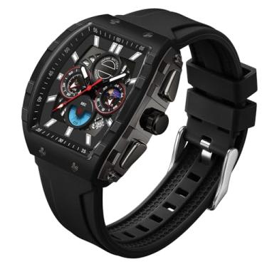 Imagem de findtime Relógio masculino com cronógrafo, analógico, esportivo, à prova d'água, cronômetro, para corrida, para homens, luminoso, fase da lua, exclusivo Tonneau, relógio de segunda mão, Preto, Casual