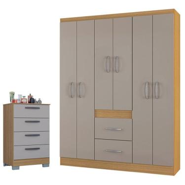 Imagem de Cômoda 867 4 Gavetas Com Guarda Roupa Casal Milão 6 Portas Damasco Off White - Poquema