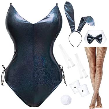 Imagem de Body feminino de coelhinho com brilho holográfico, fantasia de cosplay Senpai, conjunto de meias de uma peça, Preto holográfico, P