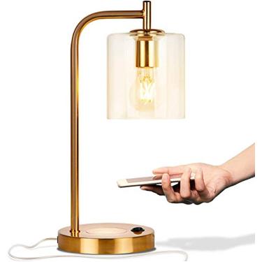 Imagem de Brightech Luminária de escritório Elizabeth - Almofada de carregamento sem fio e porta USB - Luz de mesa para sala de estar para decoração de meados do século, industrial e de fazenda - Cortina de vidro para pendurar - Lâmpada de LED - Cor dourada bronze