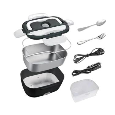 Imagem de DimyFew Lancheira elétrica, recipiente para almoço com garfo, colher, utensílios, aquecedor de alimentos versátil com alça para caminhão, escritório doméstico, Preto Branco