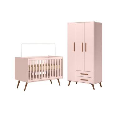 Imagem de Conjunto Quarto Infantil Retro Berço E Guarda Roupa Parla Rosa
