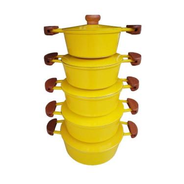 Imagem de Jogo 5 Panelas Alumínio Batido Fundido Amarelas Tampa Pesada