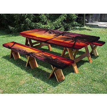 Imagem de Toalha de mesa com ajuste tropical, conjunto de 3 peças, pôr do sol, praia tropical com palmeiras, vista noturna do oceano, resort, para Natal, festas, piqueniques, 76 x 182 cm, laranja e preto