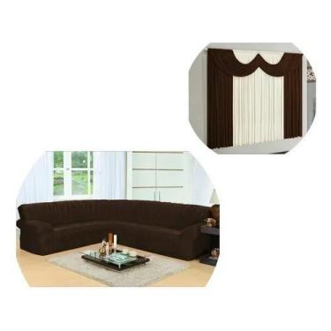 Imagem de Kit Capa Sofá Canto 5 ate 6 Lugares + Cortina Paris 02 Metros Marrom -