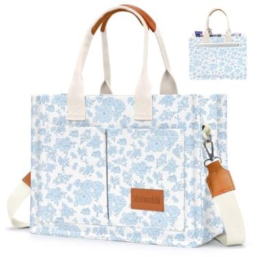 Imagem de Ayieyill Bolsa de lona feminina com bolsos, bolsa transversal, bolsas de ombro, bolsas de trabalho casuais, bolsa de mão, Flor azul
