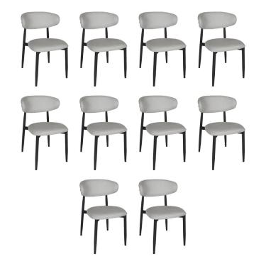 Imagem de Kit 10 Cadeiras De Jantar Lucy Estrutura Aço Carbono Laminado Preto Com Estofado Linho Cinza