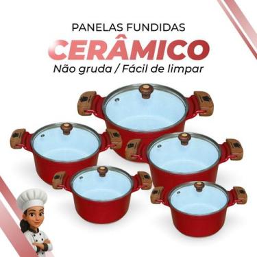 Imagem de Jogo De Panelas Cerâmica Branca Antiaderente 5 Peças Vermelho Tampa De