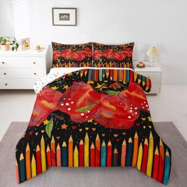 Imagem de Erosebridal Conjunto de cama com maçãs, tamanho king, desenho animado, lápis, edredom para crianças, meninas, meninos, coração, régua de bolinhas, vermelho e preto, para todas as estações