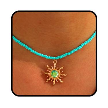 Imagem de Tgirls Colar Boho com pingente de sol de cristal opala hippie sol gargantilha colar de sementes de contas joias para mulheres e meninas, Metal, Cristal