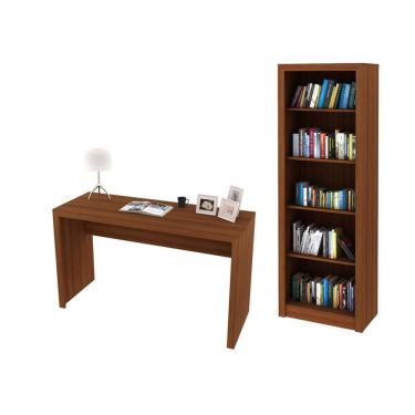 Imagem de Escritório com Mesa para Computador Simples Gavetas Com Armário Prateleiras Portas Amendoa - FdECOR