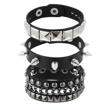 Imagem de 3 pulseiras punk rock cravejadas pretas de couro cravado para homens e mulheres pulseiras góticas ajustáveis estilo retrô anos 80 acessórios de festa de Halloween