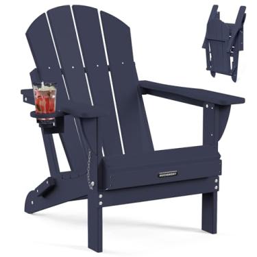 Imagem de MUCHENGHY Cadeiras dobráveis Adirondack, cadeiras de pátio, cadeiras de gramado, cadeira de exterior, cadeira Adirondack de plástico, fogueira, resistente ao clima com suporte de copo para deck