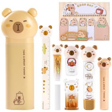 Imagem de Conjunto de artigos de papelaria de capivara fofos, artigos de papelaria japoneses, inclui apontador de lápis, borracha, fita corretiva, fita cola, notas adesivas, régua, tesoura para material escolar