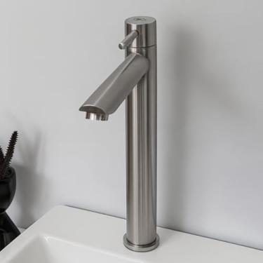 Imagem de Torneira Banheiro Lavabo Inox Escovado Luxo Alta Elegante Pia Robusta Bancada Prata Agua Fria