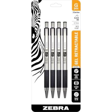 Imagem de Zebra Pen Pacote com 4 canetas de gel G-301, tinta preta, ponta média de 0,7 mm, barril de aço inoxidável, aderência texturizada confortável, clipe de metal seguro, comprimento curto para fácil