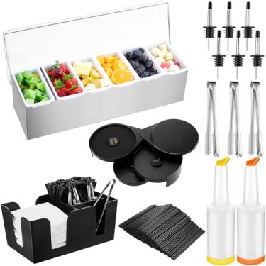 Imagem de Mifoci Bandeja de enfeite com tampa de barra, suporte de 3 camadas, 12 garrafas de aço inoxidável, 2 garrafas de plástico para servir suco, 1000 canudos de coquetel, 3 pinças de servir (6