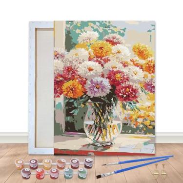 Imagem de Bimkole Kit de pintura emoldurada por números para adultos crisântemo, pintura a óleo DIY sobre tela com moldura, conjunto de tinta de bolas de flores por números para decoração de parede de casa 8 x