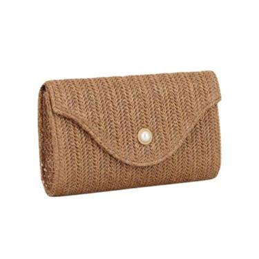 Imagem de ALWY Bolsa Feminina Pequena Palha Sintética Alça Dourada Removível Festa (Cáqui)