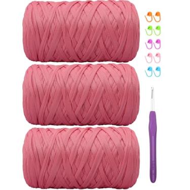 Imagem de Camiseta de 400 g de tecido elástico de crochê para tricô DIY, fio de crochê grosso espaguete para mão, bolsa faça você mesmo, cesta de almofada, projetos de crochê, decoração de casa (rosa rosa)