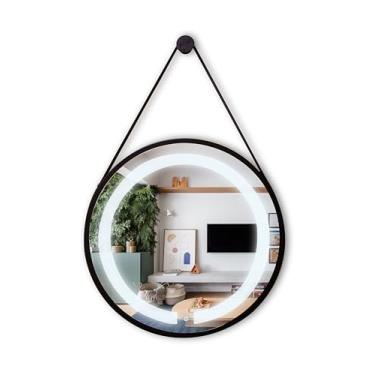 Imagem de Espelho Adnet Redondo Iluminado 50cm Borda, Preto com Alça Preta 6000K Led Frio
