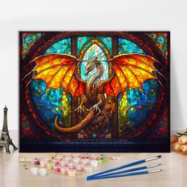Imagem de Pintura por números para adultos, desenho de vitral, pintura iniciante por número em tela, faça você mesmo, arte animal, dragão, fresco, pintura mítica majestosa para decoração de parede de sala de