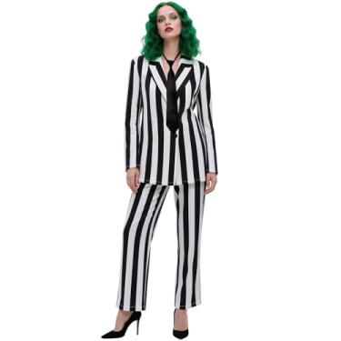 Imagem de Terno listrado preto e branco, blazer listrado preto e branco com gravata, fantasias de Halloween para mulheres e homens, Preto, branco., XXG