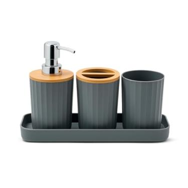 Imagem de Kit banheiro 4 pe�as dispenser bambu lavabo pia porta escova copo sabonete liquido 3 cores (Cinza)